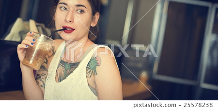Woman Sitting Alone Drink Cafe Concept 25578238
