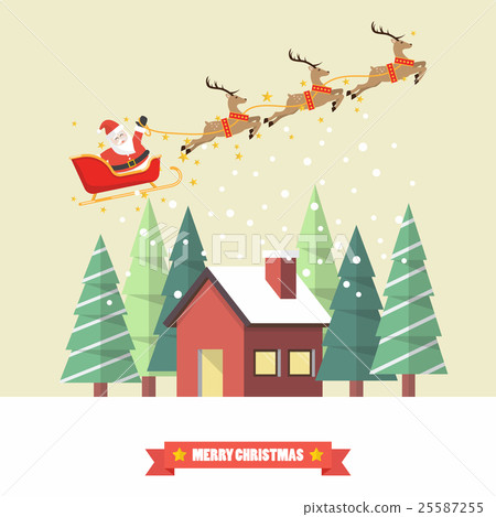 Santa claus and reindeer sleigh with winter house Santa claus and reindeer sleigh with winter house 25587255