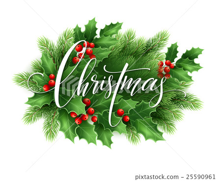 Merry Christmas lettering card with holly. Vector 25590961