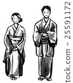 和服的男人和女人（水墨畫） 25591172