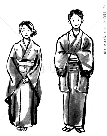 Kimono's man and woman (ink painting) 25591172