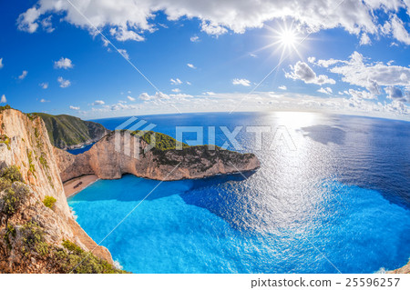 Navagio beach on Zakynthos island in Greece Navagio beach on Zakynthos island in Greece 25596257