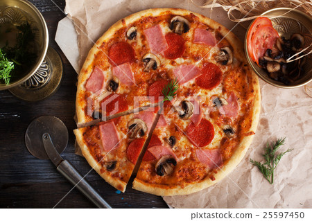 pepperoni mushrooms, ham pizza in still life close 25597450