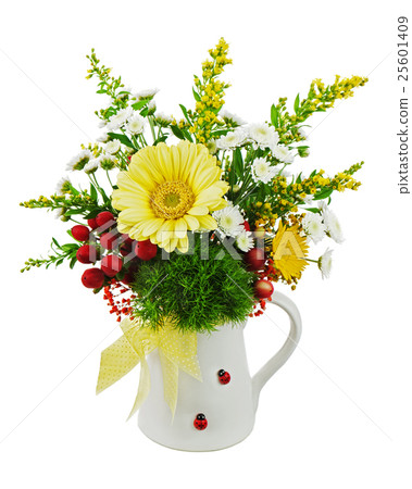 Colorful bouquet from gerberas in vase isolated on white backgro Colorful bouquet from gerberas in vase isolated on white backgro 25601409