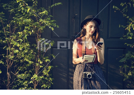 Woman Making Notes Outside City Concept Woman Making Notes Outside City Concept 25605451