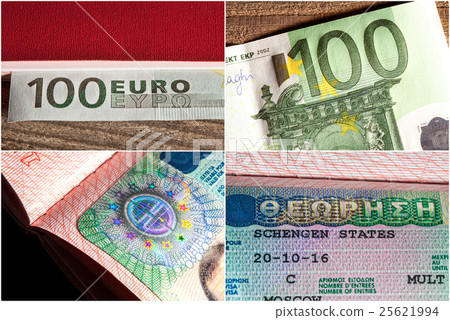 Euro banknote on wooden background and a Schengen Euro banknote on wooden background and a Schengen 25621994