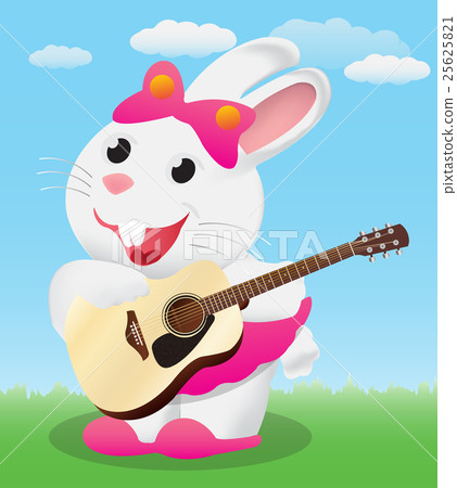 Cute White cartoon bunny playing acoustic guitar - Stock Illustration ...