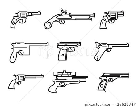 Firearm set. Guns, pistols, revolvers. Flat design 25626317