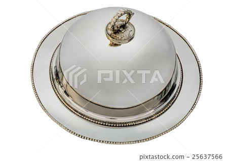 Retro metal dish with cover. Top view. 25637566