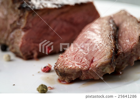 sliced beef steak on white plate close up 25641286