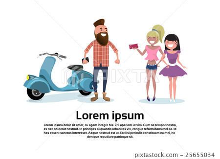 Man Biker Talking With Two Beautiful Girl 25655034