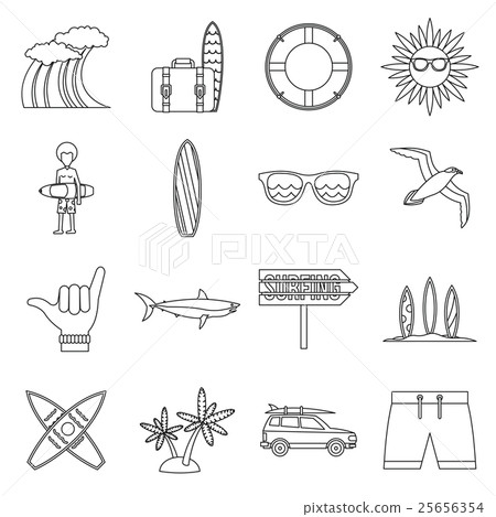 Surfing icons set, outline style Surfing icons set, outline style 25656354