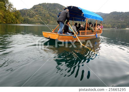 Rowing boat running in Lake Bled 25665295