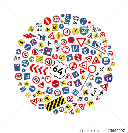 Road signs arranged in circle shape isolated on 25666607