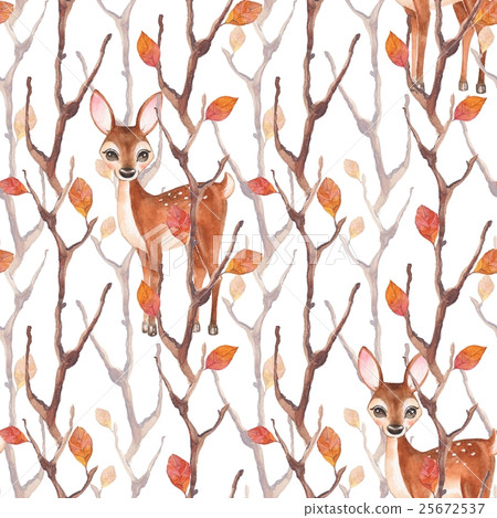 Watercolor seamless pattern with fawn and autumn - Stock Illustration ...