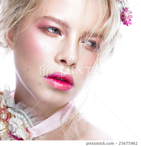Beautiful blond fashion girl with flowers on neck 25675962