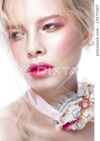 Beautiful blond fashion girl with flowers on neck Beautiful blond fashion girl with flowers on neck 25675987