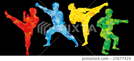 Karate's thrust and kicking silhouette (color cellophane black background) Karate's thrust and kicking silhouette (color cellophane black background) 25677429