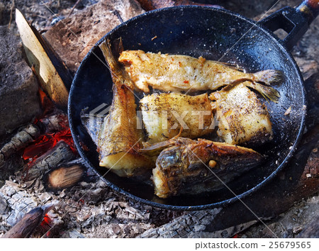 Fried fish on the fire in a skillet. 25679565