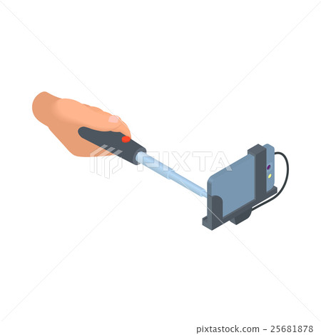 Male hand holding selfie stick with cellular phone Male hand holding selfie stick with cellular phone 25681878