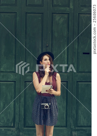 Woman Making Notes Outside City Concept Woman Making Notes Outside City Concept 25686073