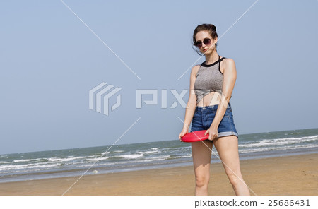 Girl Beach Summer Holiday Vacation Playing Concept Girl Beach Summer Holiday Vacation Playing Concept 25686431