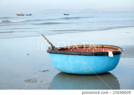 Stock of coracle at fishing village in Long Hai 25690609
