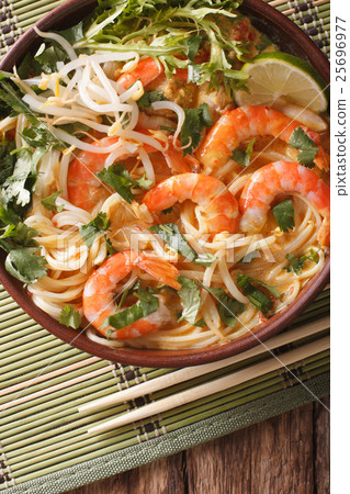 Laksa soup with shrimps, noodles, sprouts Laksa soup with shrimps, noodles, sprouts 25696977