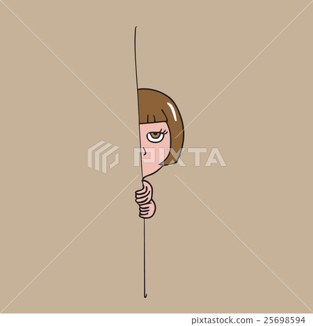 Stock Illustration: Girl hide behind wall cartoon drawing