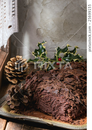 Homemade christmas chocolate yule log 25699155