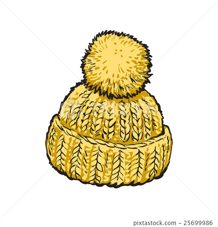 Bright yellow winter knitted hat with pompon 25699986
