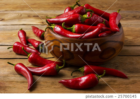 Red hot chilli pepper in wooden bowl 25700145