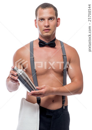 handsome young barman with shaker in hand isolated 25708544