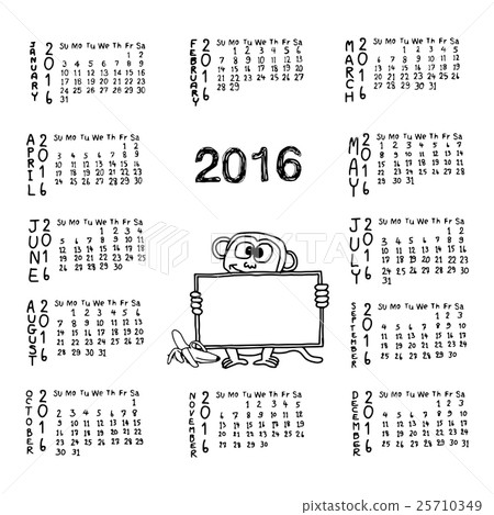 doodles of calendar for 2016 with monkey holding  25710349