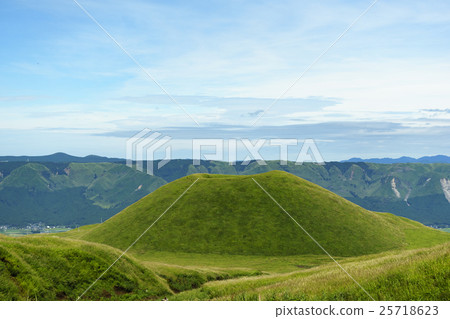 The most new crater at Aso in the Aso panorama line of the next day after opening the Kumamoto earthquake. A beautiful figure covered with green grass The most new crater at Aso in the Aso panorama line of the next day after opening the Kumamoto earthquake. A beautiful figure covered with green grass 25718623