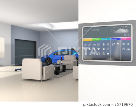 智能家居控制檯面板概念。可以通過觸摸操作，電動開/關等進行溫度管理。 25719670