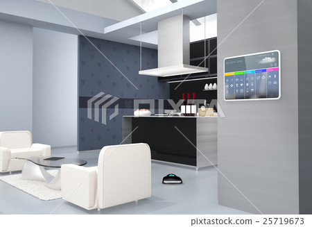 廚房並排智能家居控制檯面板。通過觸摸操作可以進行溫度控制,通風調節等。 廚房並排智能家居控制檯面板。通過觸摸操作可以進行溫度控制,通風調節等。 25719673