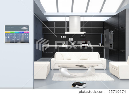 廚房並排智能家居控制檯面板。通過觸摸操作可以進行溫度控制，通風調節等。 25719674