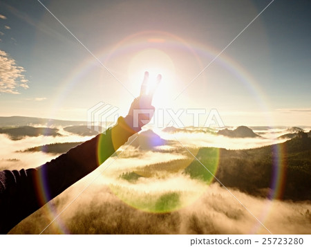 Flare defect, reflections.Hand make victory symbol Flare defect, reflections.Hand make victory symbol 25723280