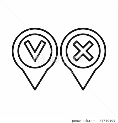 Pin with tick and cross icon, outline style 25739495