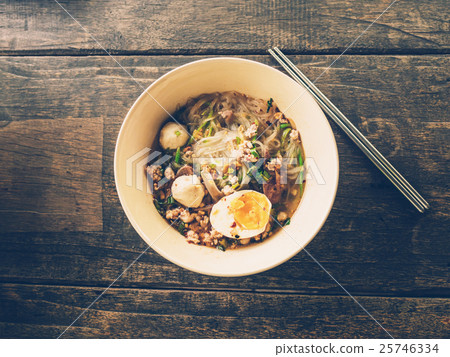 close up thai noodle on wood table with space 25746334