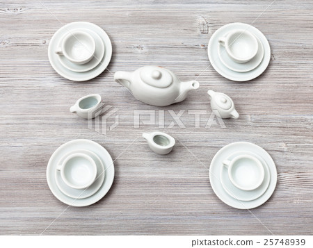 top view of tea set on gray brown table top view of tea set on gray brown table 25748939