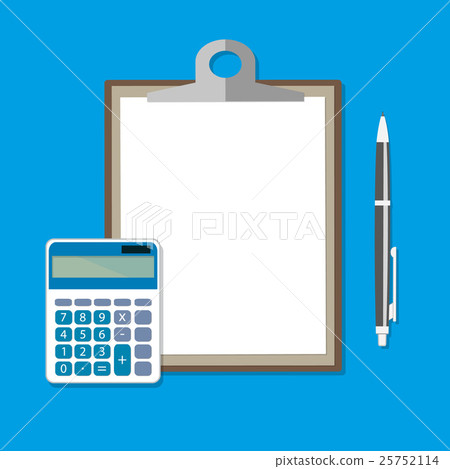Clipboard with empty sheet, calculator and pen Clipboard with empty sheet, calculator and pen 25752114