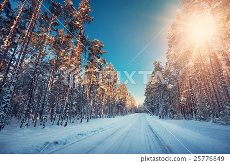 Asphalt road in snowy winter on beautiful sunny 25776849