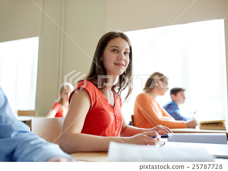 happy student girl with book writing school test 25787728