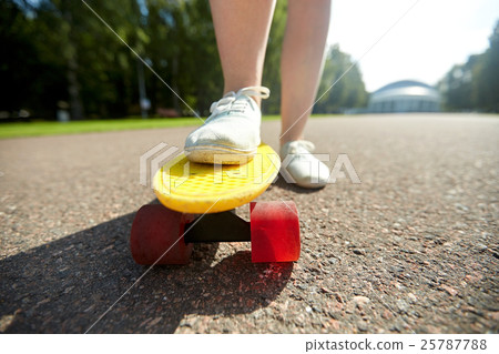 close up of female feet riding short skateboard close up of female feet riding short skateboard 25787788