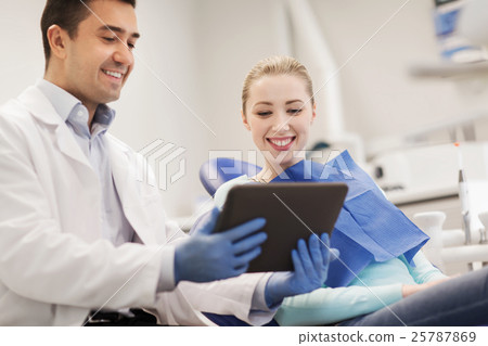 male dentist with tablet pc and woman patient 25787869