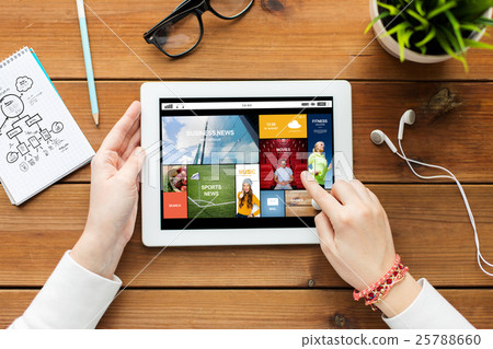 close up of woman with tablet pc on wooden table 25788660