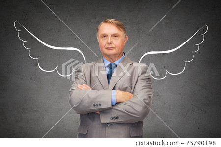 senior businessman with angel wings over gray 25790198