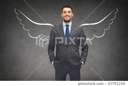 happy businessman with angel wings over gray 25791230